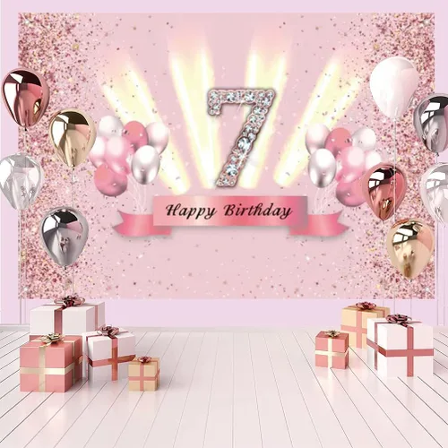 Vista 3 de Decoraciones de feliz cumpleaños 7 para niñas, pancarta de fondo, decoración de fiesta, póster de tela de aniversario, fondo de foto rosa