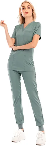 Vista 4 de Conjunto de uniformes médicos para mujer, conjunto de uniforme de enfermera, conjunto de trabajo al aire libre, conjunto de ropa quirúrgica elástica