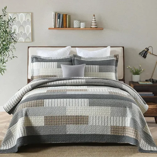 Vista 11 de Y-PLWOMEN Colchas 100% algodón tamaño Queen Farmhouse Plaid 3 piezas ropa de cama Azul y marrón
