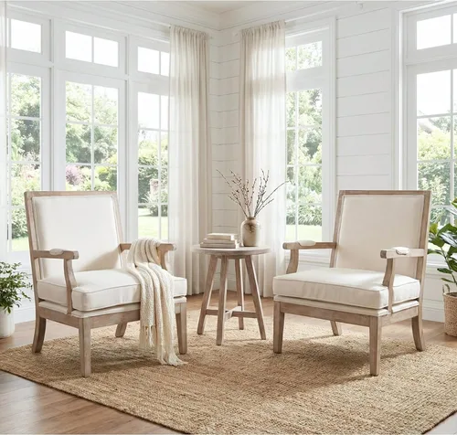 Vista 10 de Silla decorativa moderna de granja, sillón tapizado ancho de lino con reposabrazos, silla de lectura de madera maciza de campo francés para sala