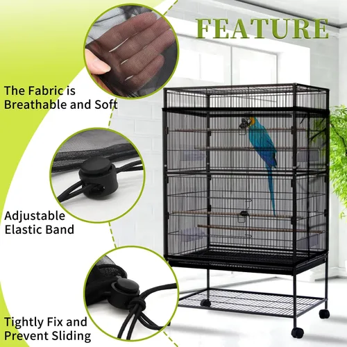 Vista 4 de Daoeny Funda para Captura de Semillas para Jaula de Pájaros, Cubierta Grande para Jaula de Pájaros, Red de Malla de Nylon Ajustable y Suave Negro