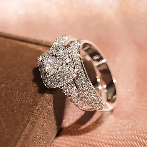 Vista 3 de Juego de 2 piezas de diamantes cuadrados de princesa para parejas, anillos de moda, joyería de compromiso de boda para mujer