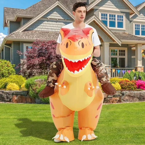 Vista 3 de COMIN Disfraz inflable de dinosaurio para adultos, disfraz de dinosaurio inflable de Trex, disfraz naranja para fiesta de Halloween
