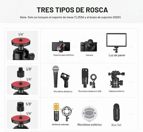 Vista 5 de NEEWER TL253A+DS001 Trípode de cámara de mesa con 2 brazos telescópicos, soporte para teléfono, cabezas esféricas, adaptador de tornillo, soporte
