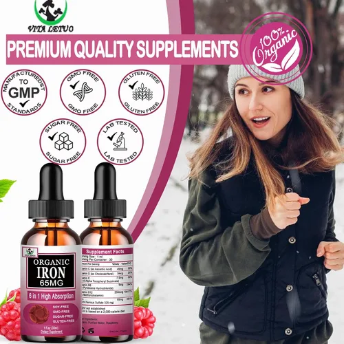 Vista 5 de Suplemento de hierro para mujeres con vitamina C, suplemento líquido 6 en 1 con vitamina B12, vitamina B6, gotas de hierro líquido de alta absorción