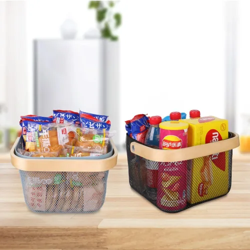 Vista 8 de Cesta organizadora de almacenamiento de malla de acero, cesta de frutas con mango de madera, ideal para cocina, baño, cestas de picnic, despensa