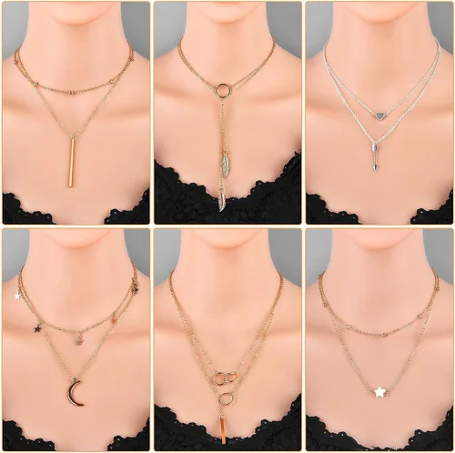 Vista 5 de Thrilez - Juego de 24 collares escalonados para mujeres adolescentes y niñas colores dorado y plateado simple y moderno joyería para usar