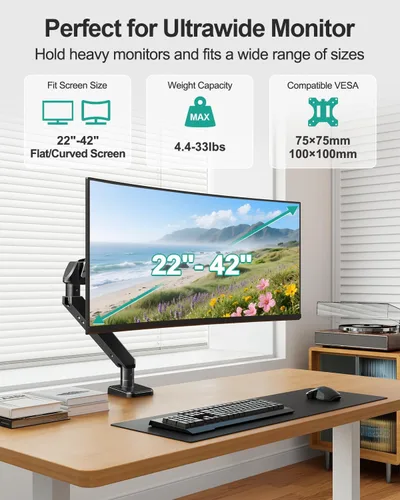Vista 2 de MOUNT PRO Brazo de monitor único ultraancho para pantallas de 22 a 42 pulgadas, soporte de escritorio para monitor con capacidad para hasta 33