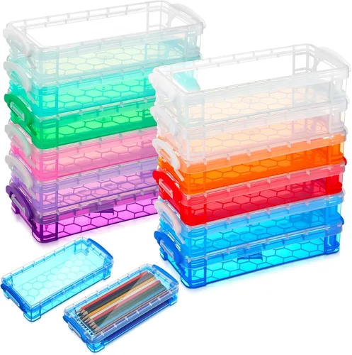 Vista 15 de Gueevin Caja de lápices de gran capacidad de plástico de 24 piezas, estuche de lápices transparente de plástico con tapa de cierre hermético, caja