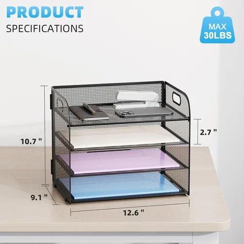 Vista 3 de Marbrasse Organizador de Papel de 4 Niveles Bandeja para Cartas - Organizador de Archivos de Escritorio de Malla con Asa, Organizador Clasificador