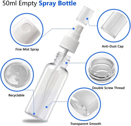 Vista 2 de Mini botellas de spray, botella pequeña de spray de 2 oz/1.7 fl oz, botella de spray de viaje de plástico para líquidos, botellas rociadoras de mano