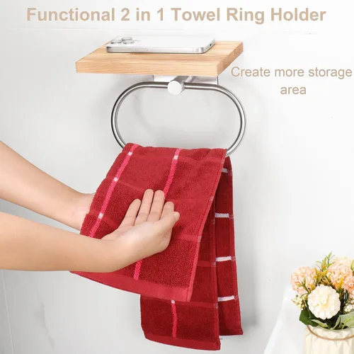 Vista 2 de TocTen Toallero de mano para baño, toalla de pared con estante de madera, toallero de mano de metal de alta calidad, accesorios de baño, colgador
