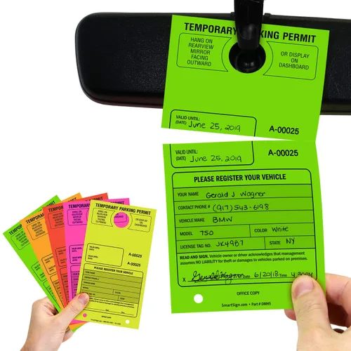 Vista 7 de SmartSign Etiqueta colgante de espejo "Permiso de estacionamiento temporal" Paquete de 50 Verde fluorescente Cartulina de 7.75 x 4.25 pulgadas