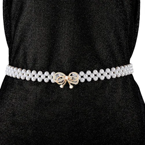 Vista 7 de Cinturón de cadena de cintura elástica con perlas de diamantes, Blanco
