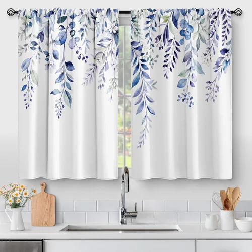 Vista 26 de Aimego Cortinas de Cocina de Eucalipto Primaveral - Hojas de Plantas de Acuarela Floral Azul con Cortinas de Nivel Botánico Floral para Cafetería