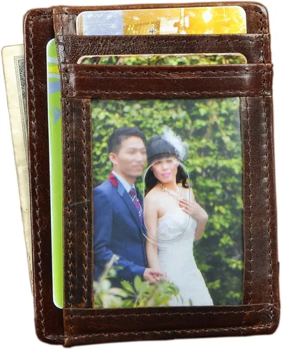 Vista 6 de Le'aokuu RFID Real Leather Minimalist Slim Wallet Front Pocket Credit Card Case