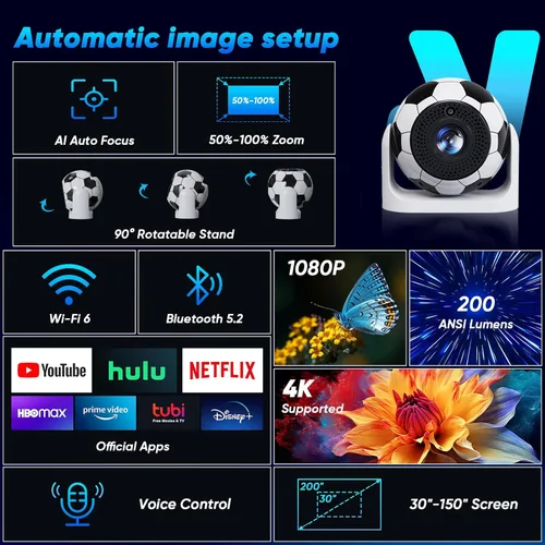 Vista 2 de Miniproyector con WiFi y Bluetooth Enfoque Automático y Keystone Vertical Proyector Inteligente Portátil Android 13 con Aplicaciones Integradas