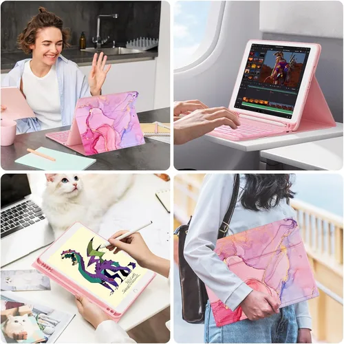 Vista 8 de FUWANG Funda para iPad de 9ª/8ª/7ª generación con teclado de 10,2 pulgadas Rosa