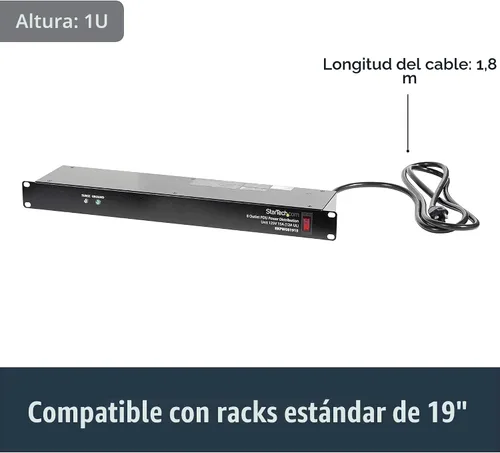 Vista 2 de StarTech Tira de alimentación horizontal de 8 salidas de 1U para montaje en rack para gabinetes de servidor de red - Protección contra