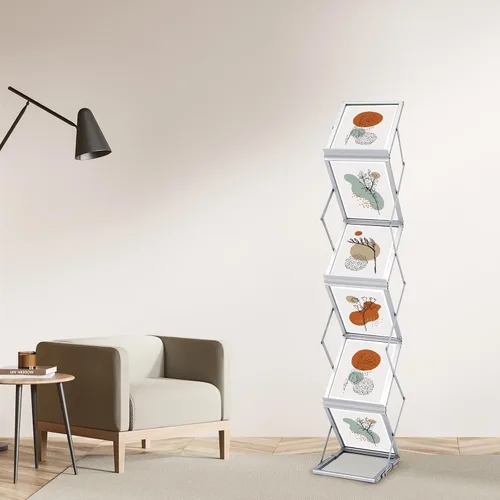 Vista 5 de Tatuo Estante plegable para revistas, catálogo de metal, portátil, 6 bolsillos con bolsa de transporte, soporte de aluminio para folletos, soporte