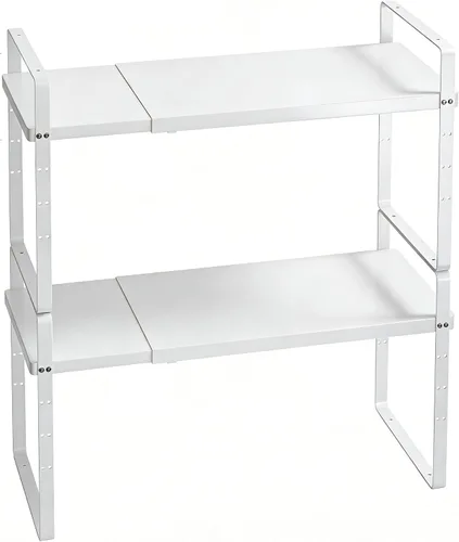 Vista 12 de Organizador de estante expandible para gabinete, almacenamiento apilable para mostrador de despensa de cocina, soporte ajustable para armario, Negro
