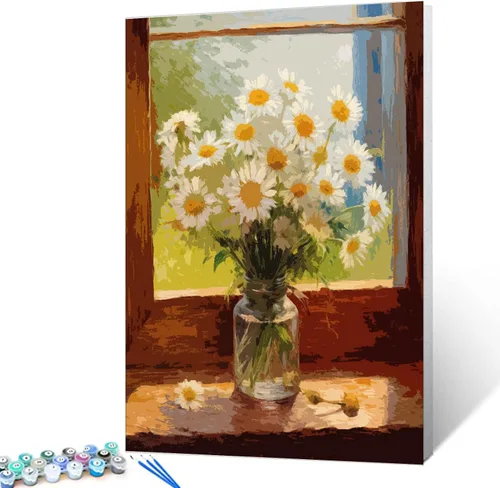 Vista 14 de Tucocoo Pintura de girasoles para ventana por números para adultos, kits de pintura al óleo digital sobre lienzo con pinceles y pigmento acrílico