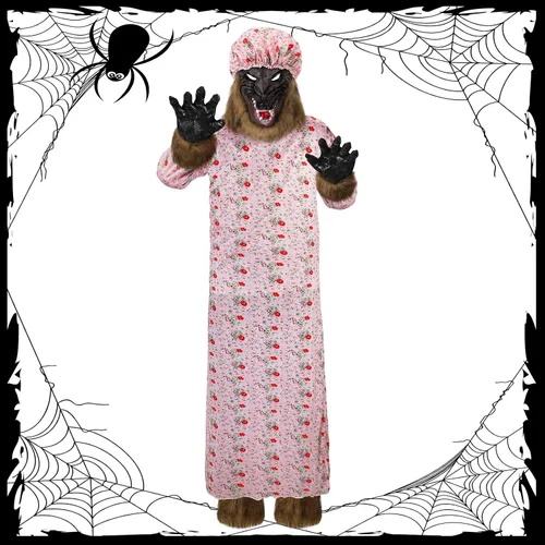 Vista 6 de Bonuci Disfraz de abuela de Halloween para adultos, disfraz de cosplay con sombrero, máscara de cabeza de lobo, guantes, calentadores de piernas