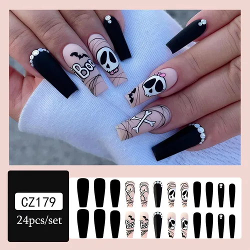 Vista 2 de 24 uñas largas a presión de Halloween, uñas postizas de Halloween, uñas postizas acrílicas con forma de ataúd con diseños, cobertura completa