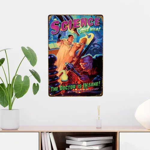 Vista 6 de Letrero de metal vintage con texto en inglés "Science Gone Wild Pin Up Girl", cartel retro de hojalata sexy para hombre, cueva, bar, garaje, pubs