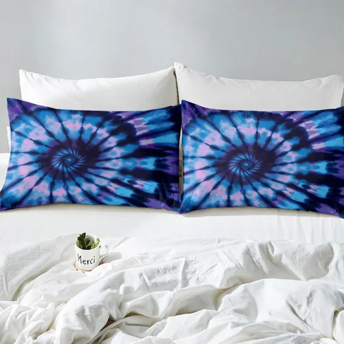 Vista 5 de Juegos de Funda de Edredón Hippie Tie Dye Tamaño Twin Azul Morado Tie Dye Espiral Funda de Edredón, Funda de Colcha Boho Bohemia Hippie Gitana