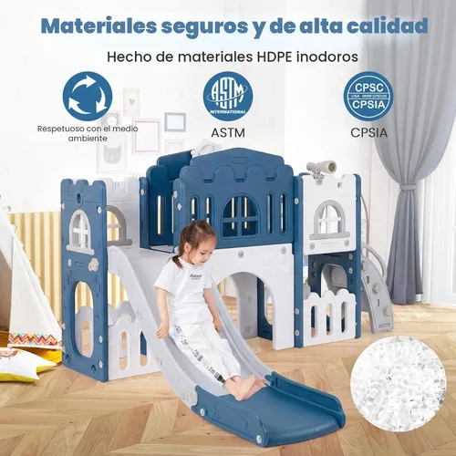 Vista 6 de Costzon Juego de tobogán infantil 8 en 1, tobogán independiente para niños con túnel, aro de baloncesto, juego de tobogán escalador para niños de 1
