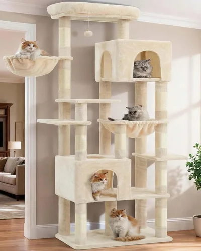 Vista 16 de Heybly Árbol para gatos de 68.1 pulgadas con plataforma superior de gran tamaño y base ancha, torre para gatos grandes de interior con 2