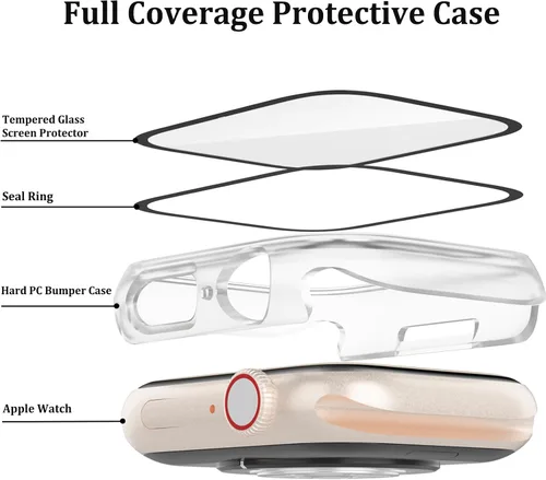 Vista 4 de QCKANLJ Paquete de 2 fundas impermeables para Apple Watch Series 9, 8, 7, 1.772 in, con protector de pantalla de vidrio templado, iWatch