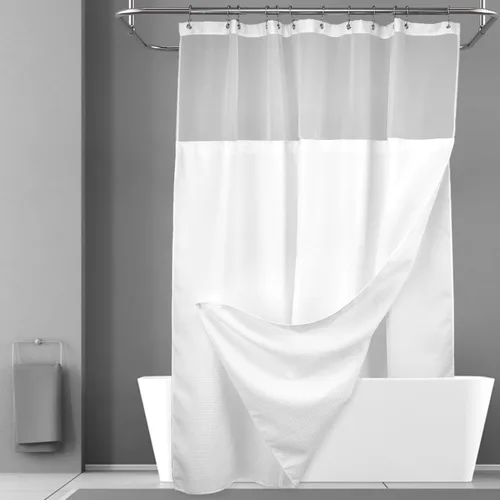 Vista 18 de N&Y HOME - Juego de cortina de ducha de punto gofre, forro de tela a presión y ganchos, para ducha pequeña, estilo hotel, ventana superior de malla