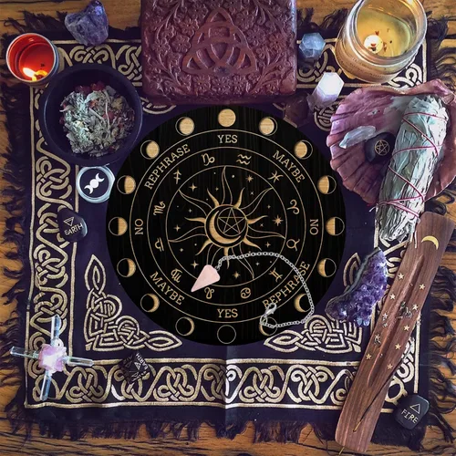 Vista 3 de AHANDMAKER Juego de tablero de péndulo, tablero de adivinación de madera para radiestesia, tablero de mensajes metafísicos con collar de péndulo
