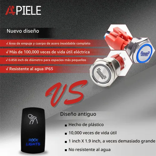 Vista 3 de APIELE Interruptor de botón de presión para barra de luz LED, encendido/apagado SPST, acero inoxidable, 10A, 12V, 24VDC, precableado, 19mm, 0.74