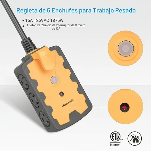 Vista 2 de DEWENWILS Tira de alimentación para taller, tira de 6 salidas con cable de extensión de 15 pies, calibre 14/3C resistente, cable de alimentación
