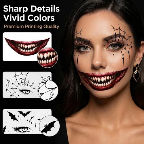 Vista 2 de 10 hojas de tatuajes temporales de telaraña para ojos y boca para cosplay