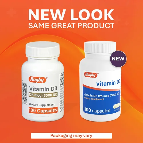 Vista 3 de Rugby Vitamina D3 5,000 UI (125 mcg) - Suplemento dietético de vitamina D para huesos, dientes e inmunidad, 100 cápsulas