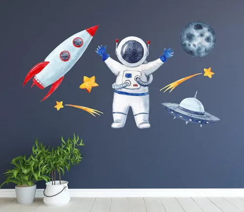 Vista 3 de Calcomanía de pared de cohete de astronauta, calcomanías de pared espaciales, decoración de pared de habitación infantil con temática de cohete