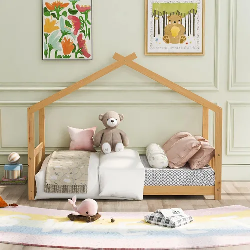 Vista 3 de Merax Cama de plataforma de casa de tamaño individual con cabecero y estribo, marco de cama de madera con diseño de techo para dormitorio,
