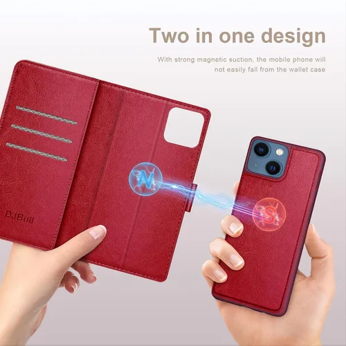 Vista 3 de DJBull Funda tipo cartera desmontable 2 en 1 para iPhone 13 con soporte para tarjeta de crédito, bloqueo RFID, funda protectora de piel sintética