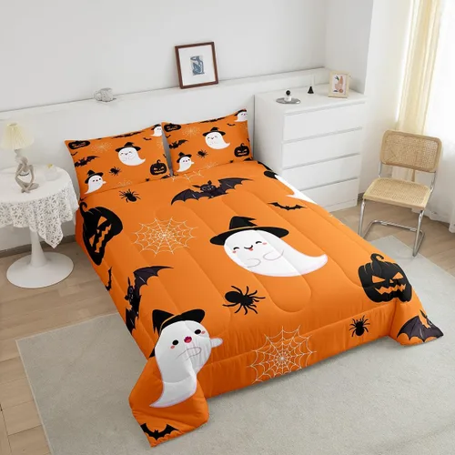 Vista 2 de Erosebridal Juego de edredón divertido de Halloween para niños, juego de ropa de cama de calabaza fantasma, decoración de Halloween para niños