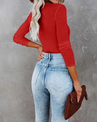 Vista 5 de VICHYIE Ropa de otoño para mujer, cuello redondo, acanalada, manga larga, ajustada, camiseta básica casual
