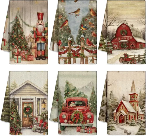Vista 13 de Hosuly 6 Piezas Toallas de Cocina Navideñas Afroamericanas Paños de Platos de Santa Negro Toallas de Mano Navideñas Negras y Rojas Santa Ángel Acebo