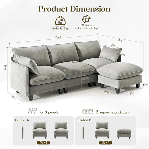 Vista 2 de WorthFurni Sofá modular modular de 105 pulgadas con asiento profundo, sofá nube en forma de L con cojines de gran tamaño y otomanas móviles, sofás