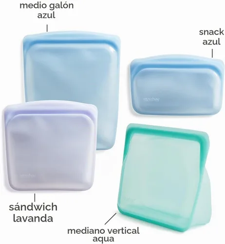 Vista 5 de Stasher - Bolsas de silicona reutilizables para almacenamiento de alimentos, paquete de 4, multicolor Aqua + Azul + Lavanda