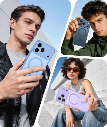 Vista 24 de FNTCASE Funda para iPhone 17 Pro: Fundas delgadas translúcidas de color azul claro compatibles con MagSafe, protección completa de la cámara