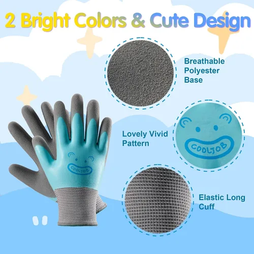 Vista 5 de COOLJOB 2 pares de guantes de jardinería impermeables para niños de 2 a 4 años, revestimiento de goma antideslizante de doble capa, guantes