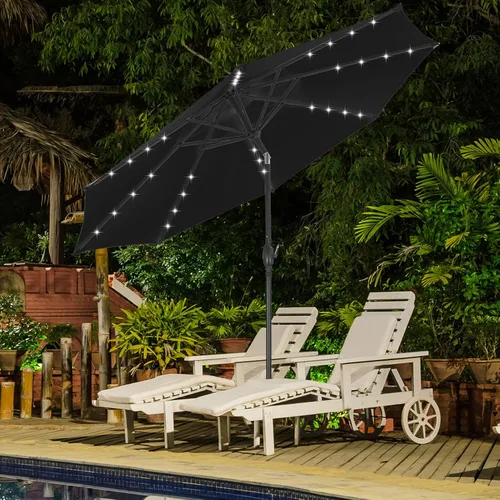 Vista 28 de Sombrilla solar de patio de 10 pies con base, 32 luces LED, sombrilla de mercado al aire libre con botón de inclinación y grietas para jardín Azul